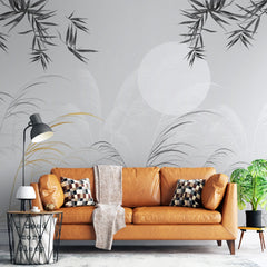 3259 / Serene Grasses and Bamboo Wallpaper, Golden Accents Wall Mural, Monochrome Nature Design, Subtle Moonlit Landscape - Artevella