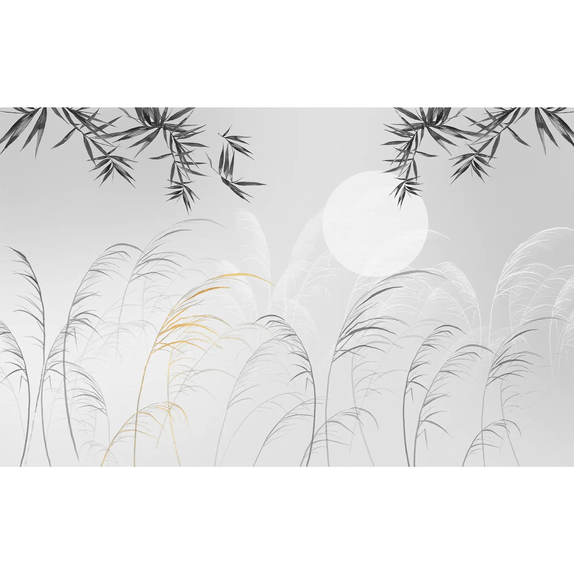 3259 / Serene Grasses and Bamboo Wallpaper, Golden Accents Wall Mural, Monochrome Nature Design, Subtle Moonlit Landscape - Artevella