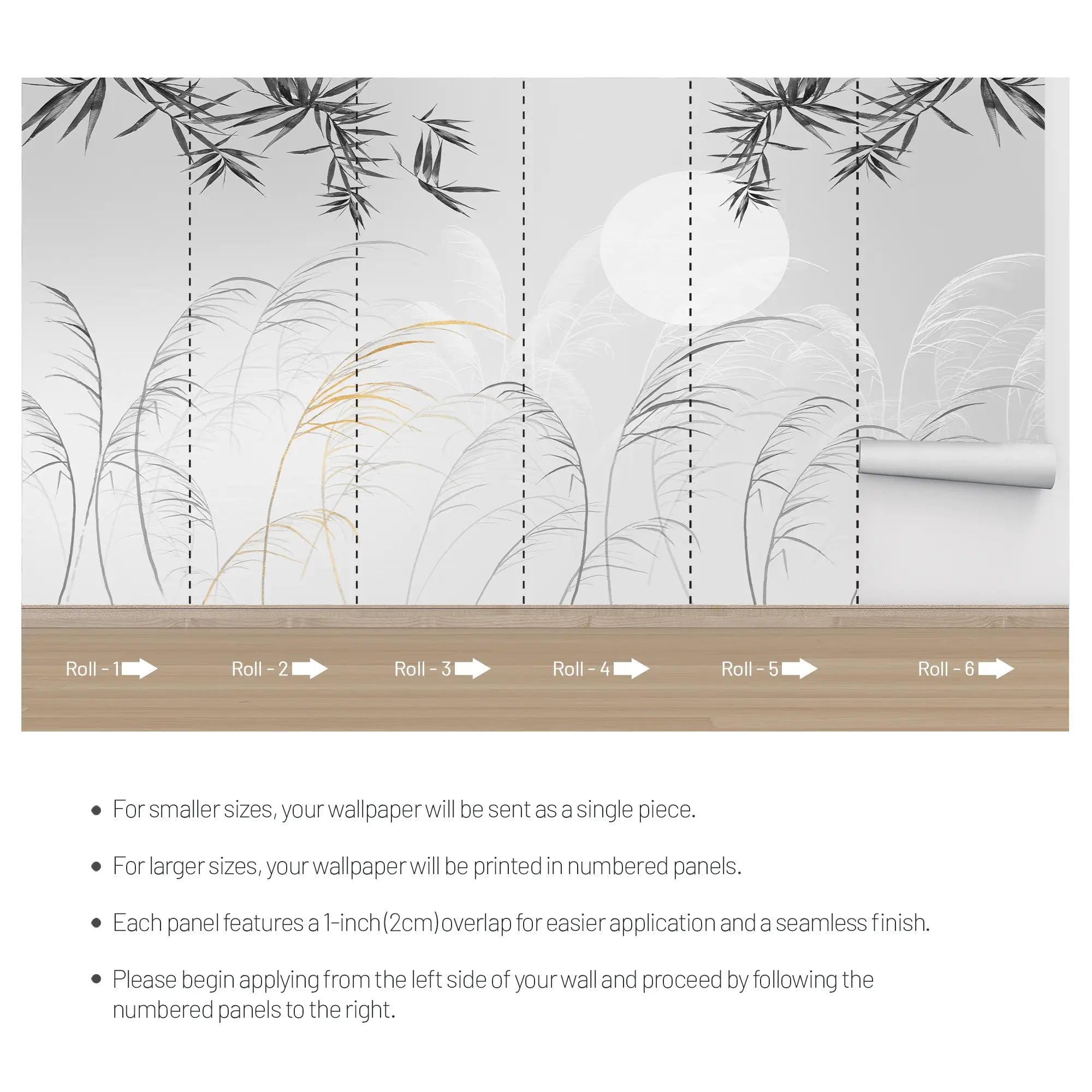 3259 / Serene Grasses and Bamboo Wallpaper, Golden Accents Wall Mural, Monochrome Nature Design, Subtle Moonlit Landscape - Artevella