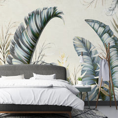 3260 / Tropical Leaf Wallpaper Mural, Chic Exotic Palm Botanical Art, Monochrome Foliage Design, Neutral Home Decor - Artevella