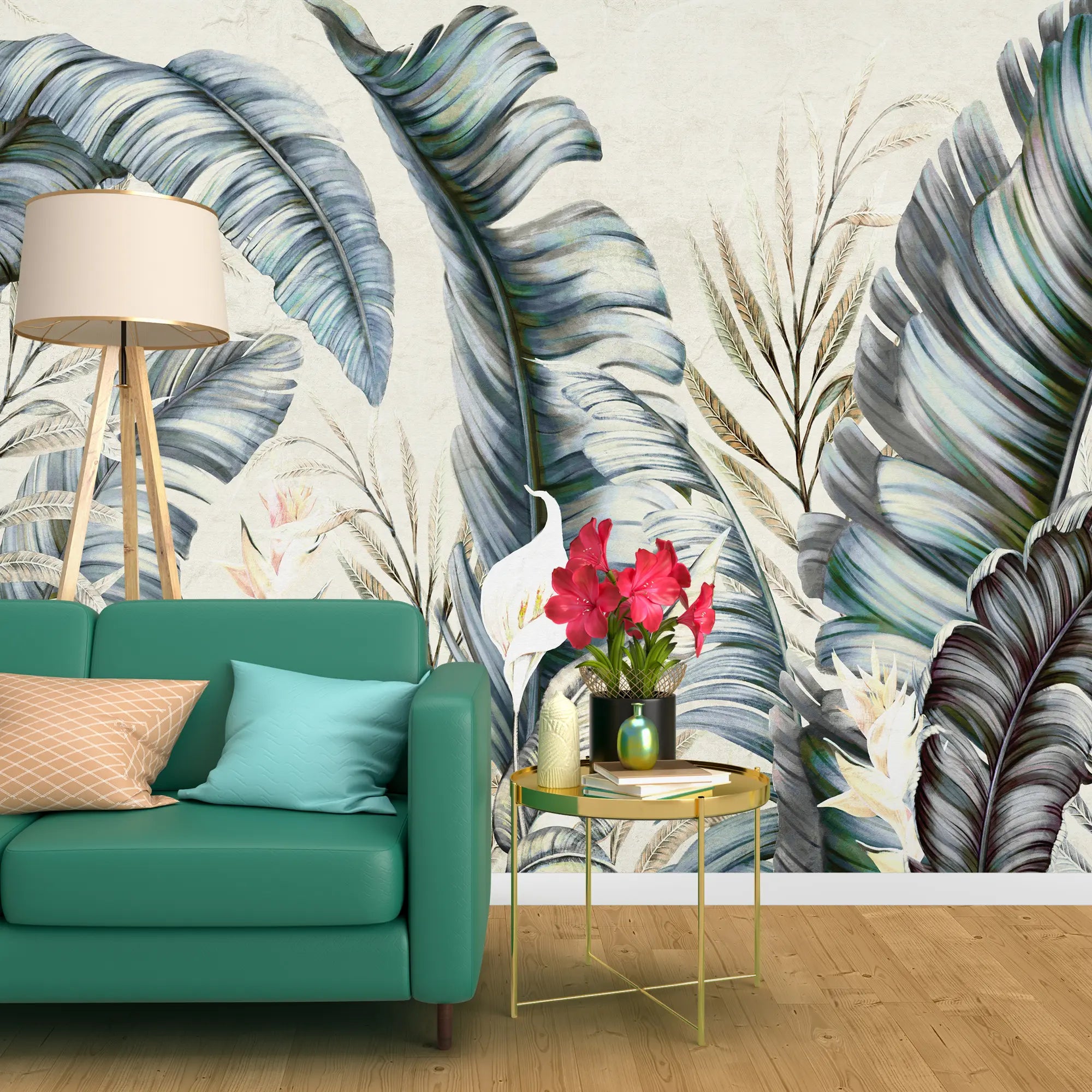 3260 / Tropical Leaf Wallpaper Mural, Chic Exotic Palm Botanical Art, Monochrome Foliage Design, Neutral Home Decor - Artevella