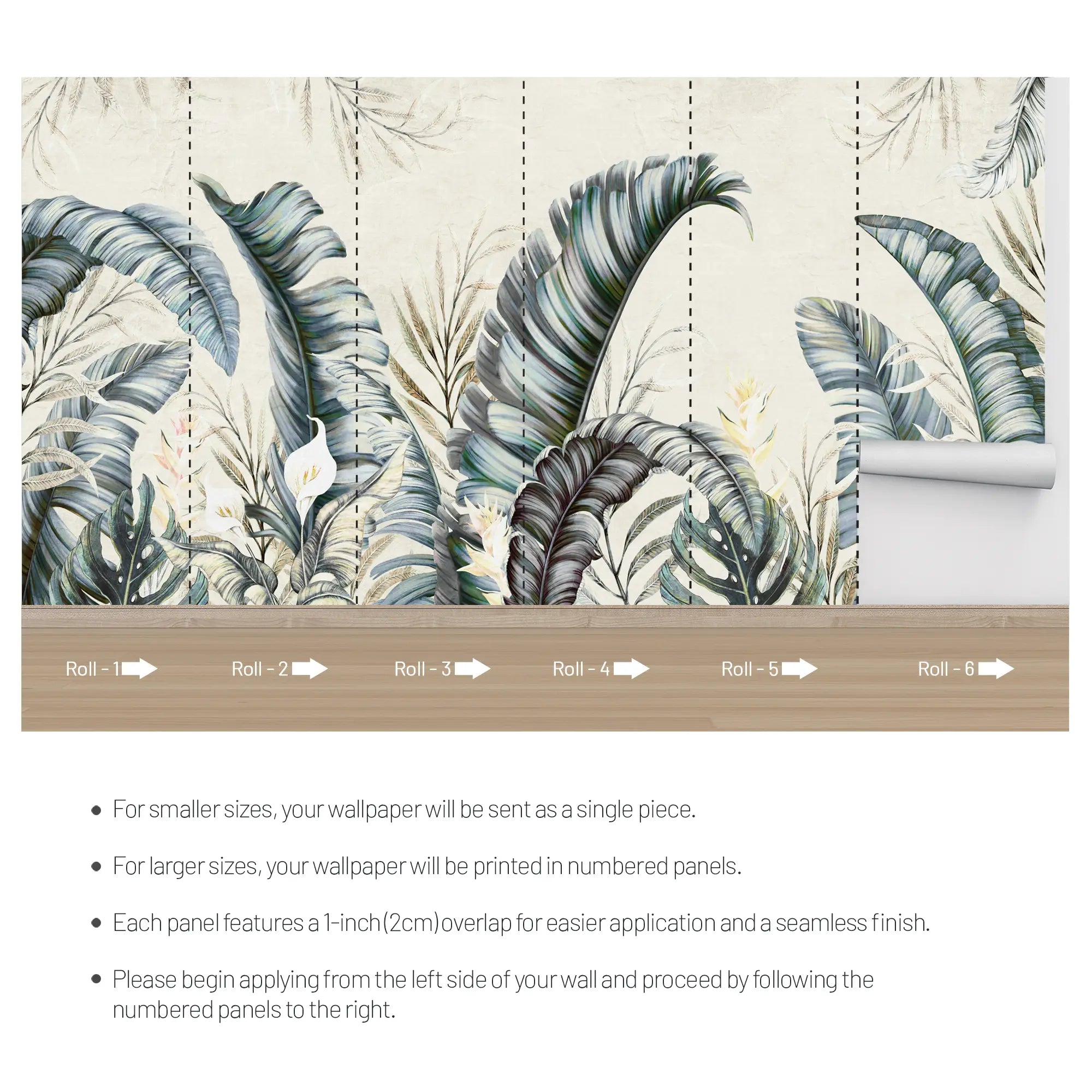 3260 / Tropical Leaf Wallpaper Mural, Chic Exotic Palm Botanical Art, Monochrome Foliage Design, Neutral Home Decor - Artevella