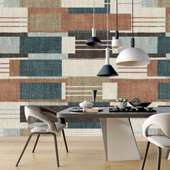 3261 / Modern Geometric Wallpaper, Abstract Rectangle Mural, Muted Blue and Red Stripe Design, Chic Neutral Wall Art Decor - Artevella