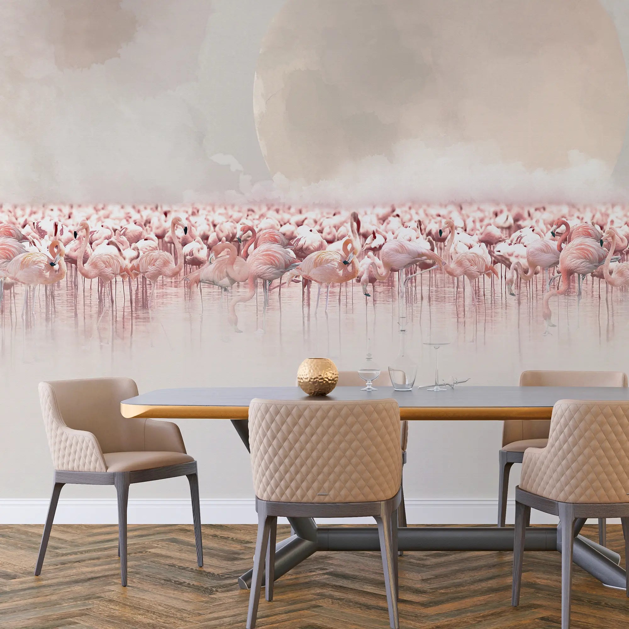 3264 / Serene Flamingo Moon Wallpaper, Tranquil Waterbird Wall Mural, Soft Pink Bird Art, Calming Nature Home Decor - Artevella