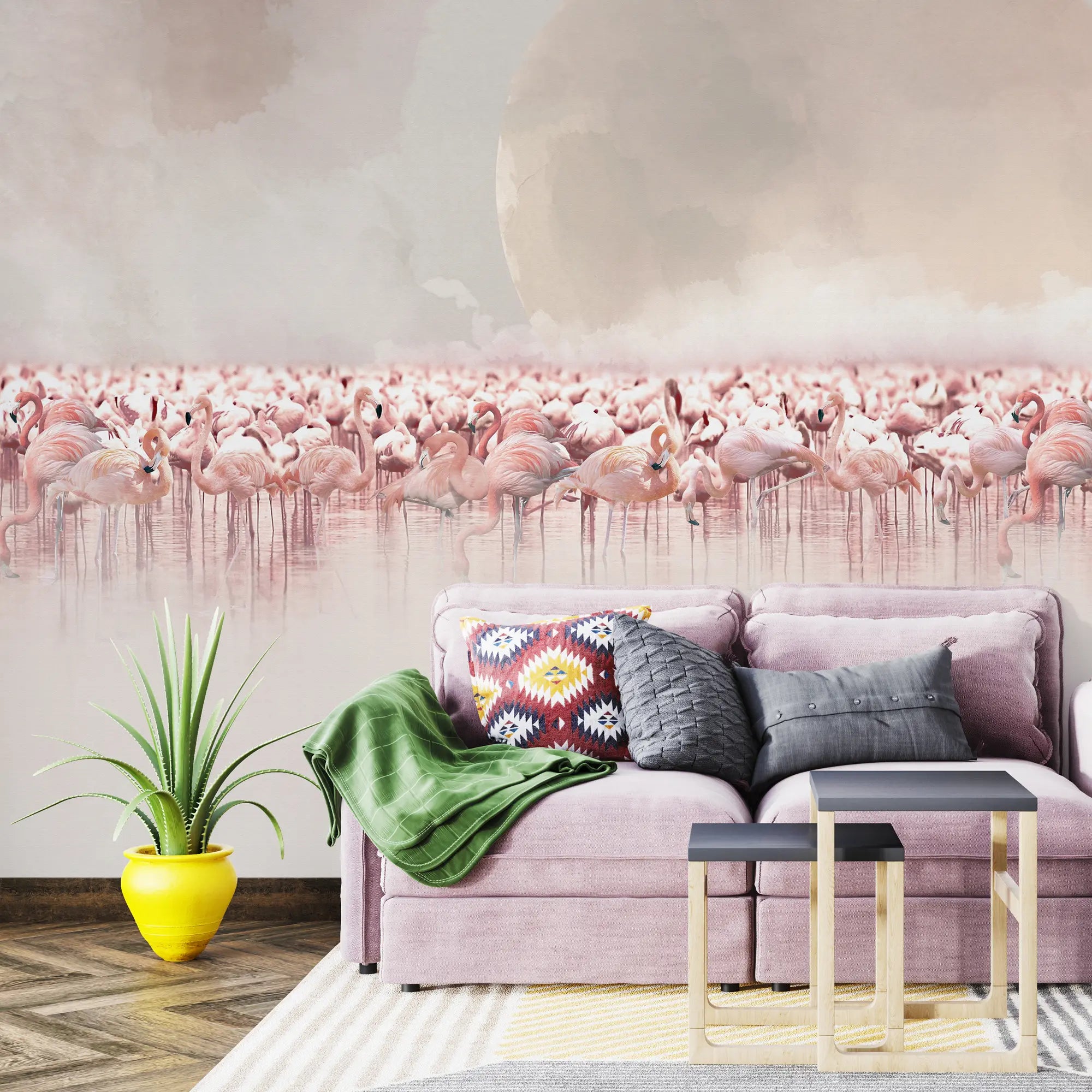 3264 / Serene Flamingo Moon Wallpaper, Tranquil Waterbird Wall Mural, Soft Pink Bird Art, Calming Nature Home Decor - Artevella