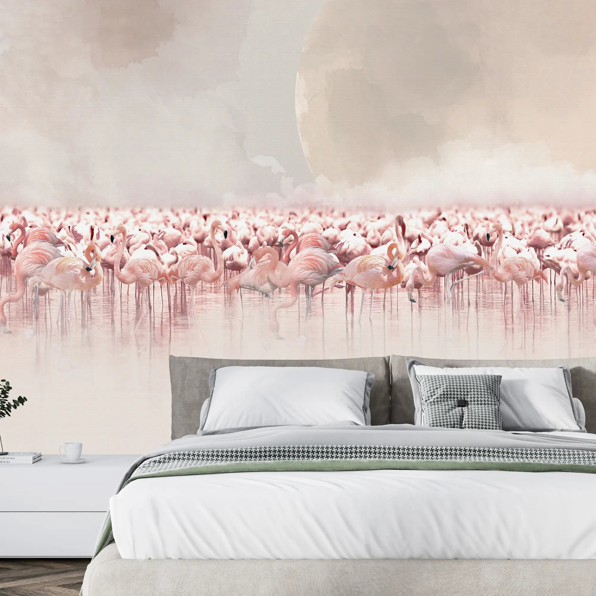 3264 / Serene Flamingo Moon Wallpaper, Tranquil Waterbird Wall Mural, Soft Pink Bird Art, Calming Nature Home Decor - Artevella