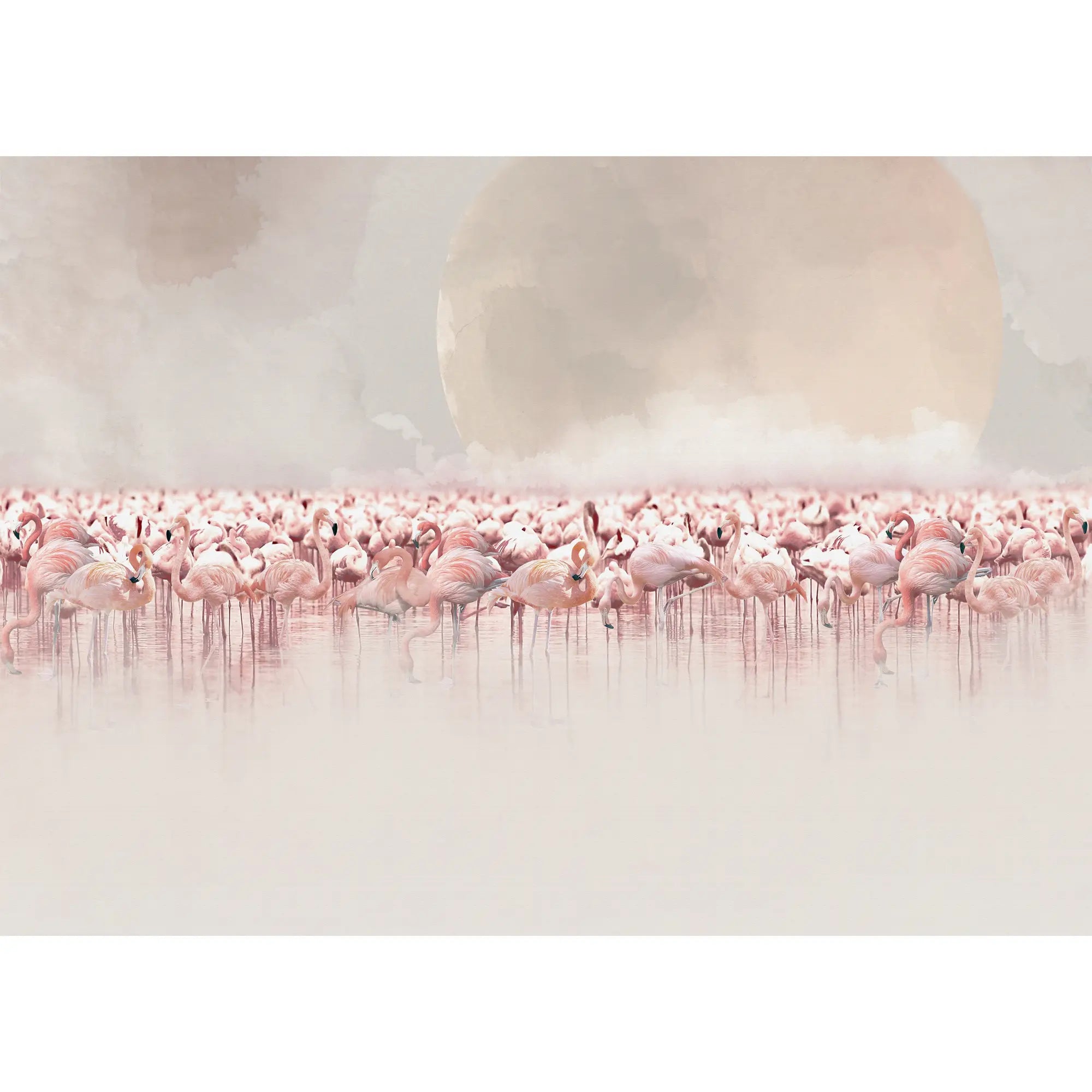 3264 / Serene Flamingo Moon Wallpaper, Tranquil Waterbird Wall Mural, Soft Pink Bird Art, Calming Nature Home Decor - Artevella