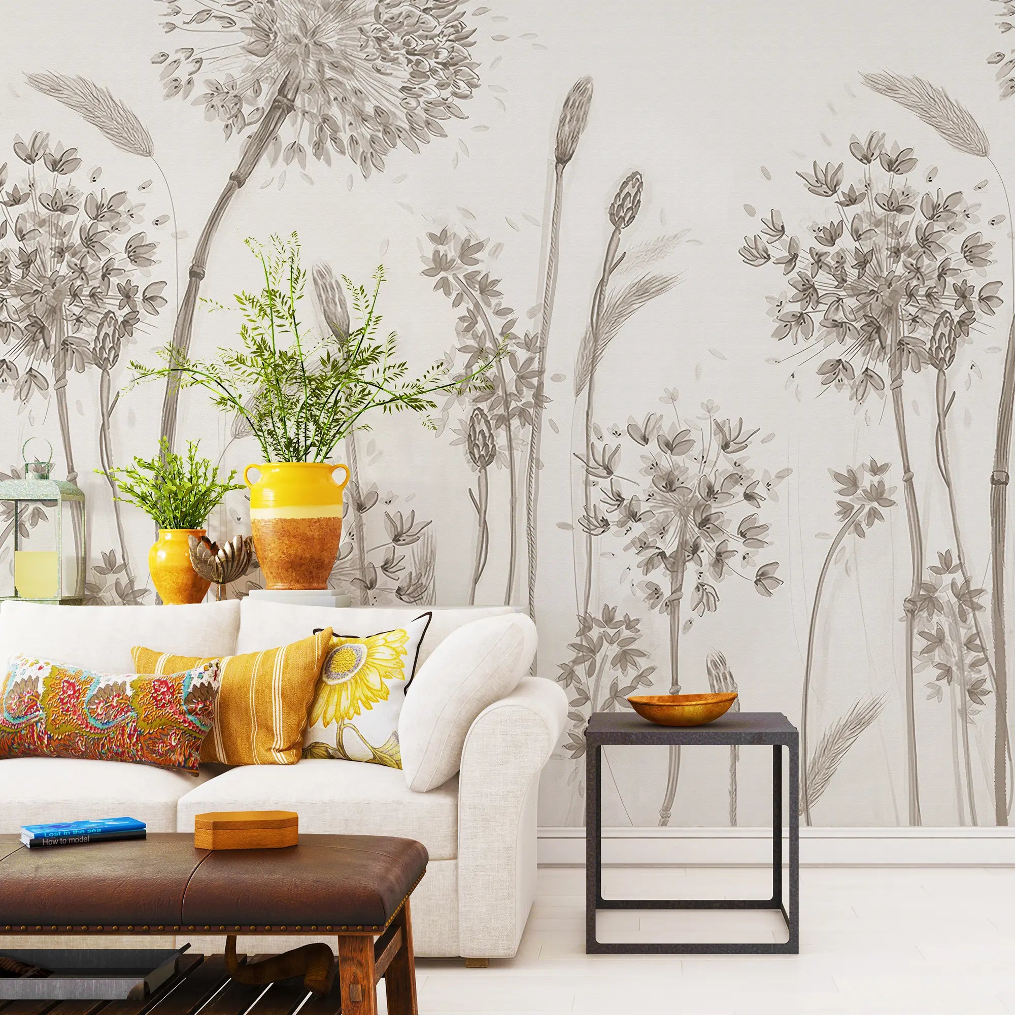 3265 / Sketch Style Wildflower Wallpaper, Elegant Monochrome Meadow Mural, Tranquil Botanical Illustration, Neutral Home Decor - Artevella