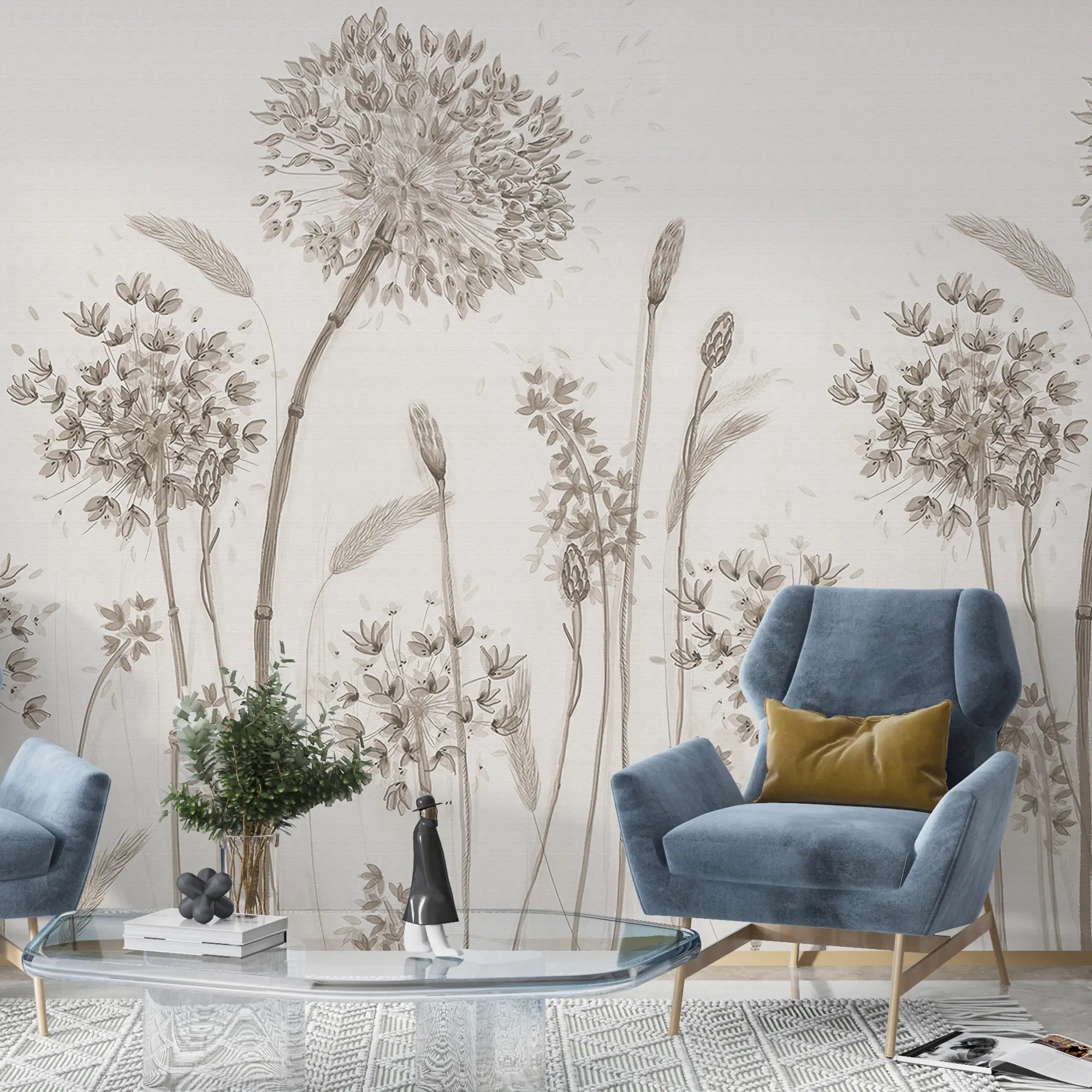 3265 / Sketch Style Wildflower Wallpaper, Elegant Monochrome Meadow Mural, Tranquil Botanical Illustration, Neutral Home Decor - Artevella