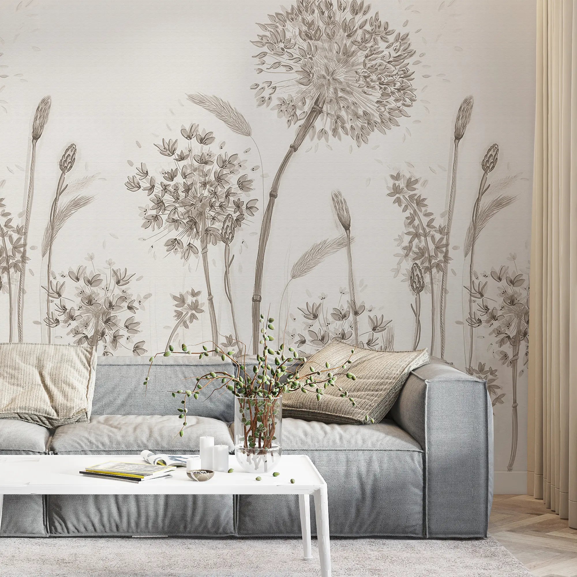 3265 / Sketch Style Wildflower Wallpaper, Elegant Monochrome Meadow Mural, Tranquil Botanical Illustration, Neutral Home Decor - Artevella