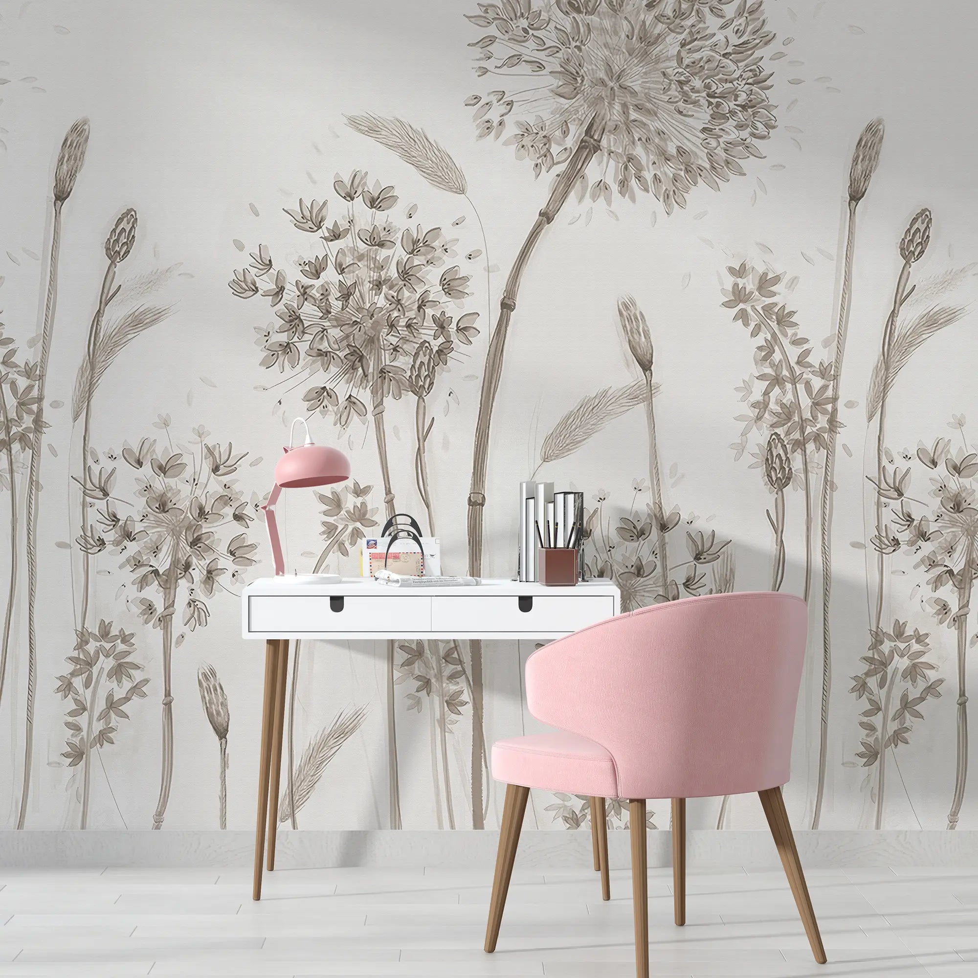 3265 / Sketch Style Wildflower Wallpaper, Elegant Monochrome Meadow Mural, Tranquil Botanical Illustration, Neutral Home Decor - Artevella