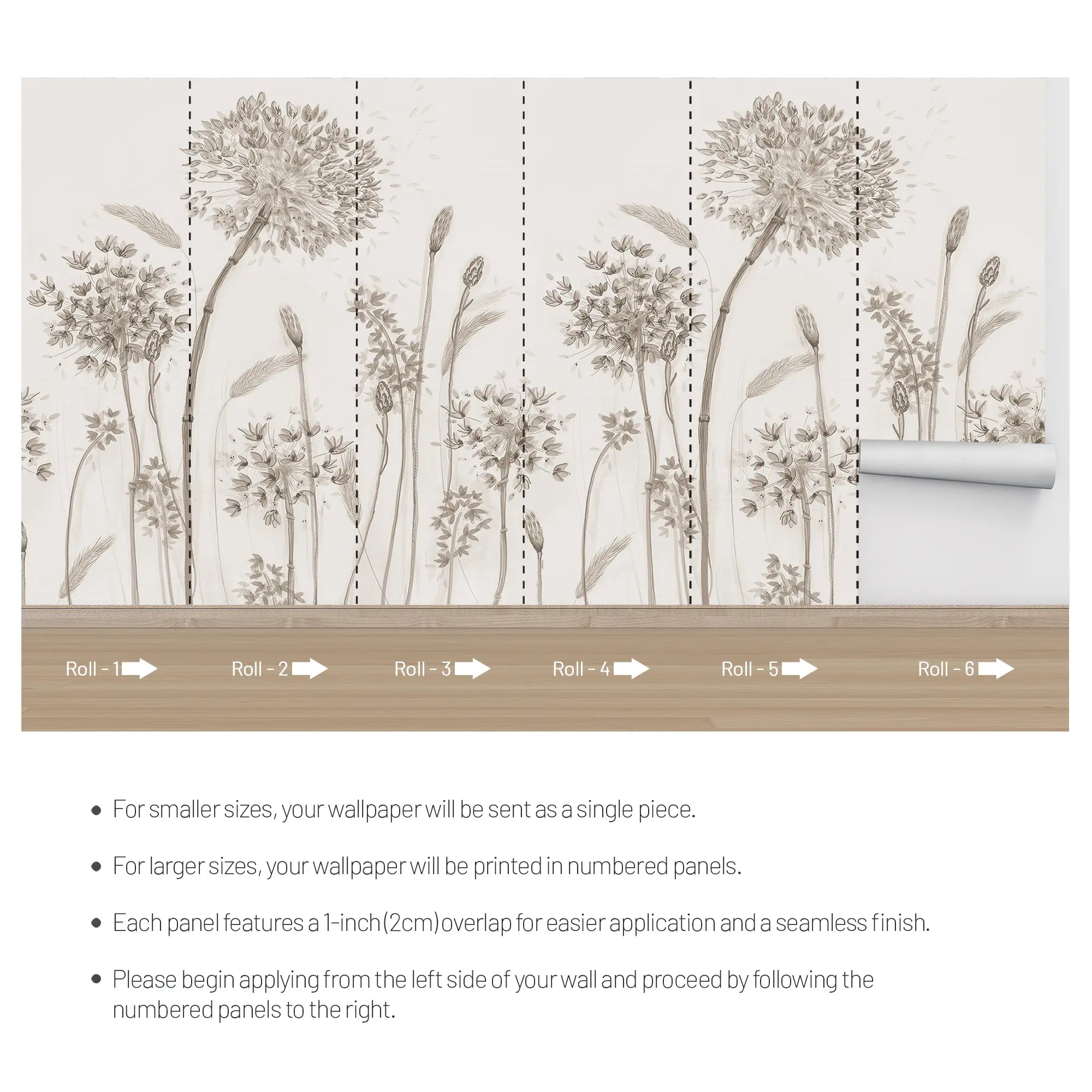 3265 / Sketch Style Wildflower Wallpaper, Elegant Monochrome Meadow Mural, Tranquil Botanical Illustration, Neutral Home Decor - Artevella