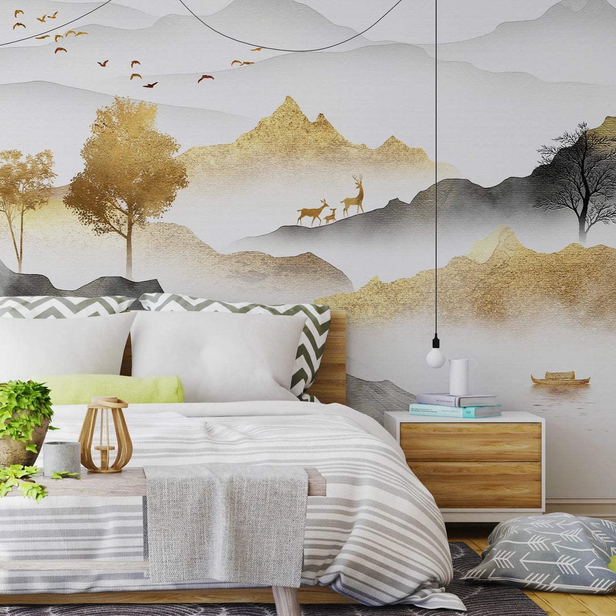 3267 / Oriental Landscape Wallpaper, Tranquil Nature Scene Wall Mural, Serene Mountain and Wildlife Decor - Artevella