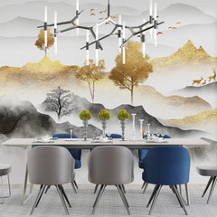 3267 / Oriental Landscape Wallpaper, Tranquil Nature Scene Wall Mural, Serene Mountain and Wildlife Decor - Artevella