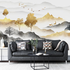 3267 / Oriental Landscape Wallpaper, Tranquil Nature Scene Wall Mural, Serene Mountain and Wildlife Decor - Artevella