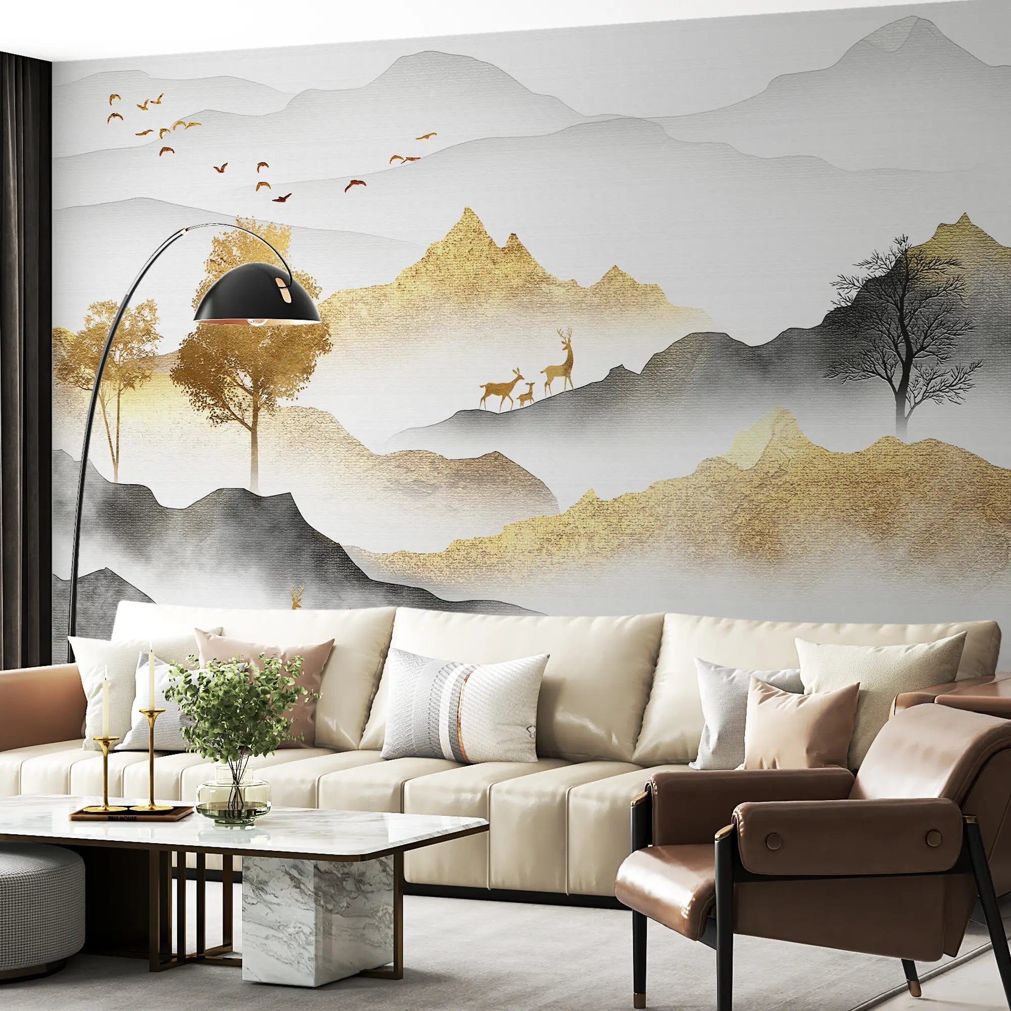 3267 / Oriental Landscape Wallpaper, Tranquil Nature Scene Wall Mural, Serene Mountain and Wildlife Decor - Artevella