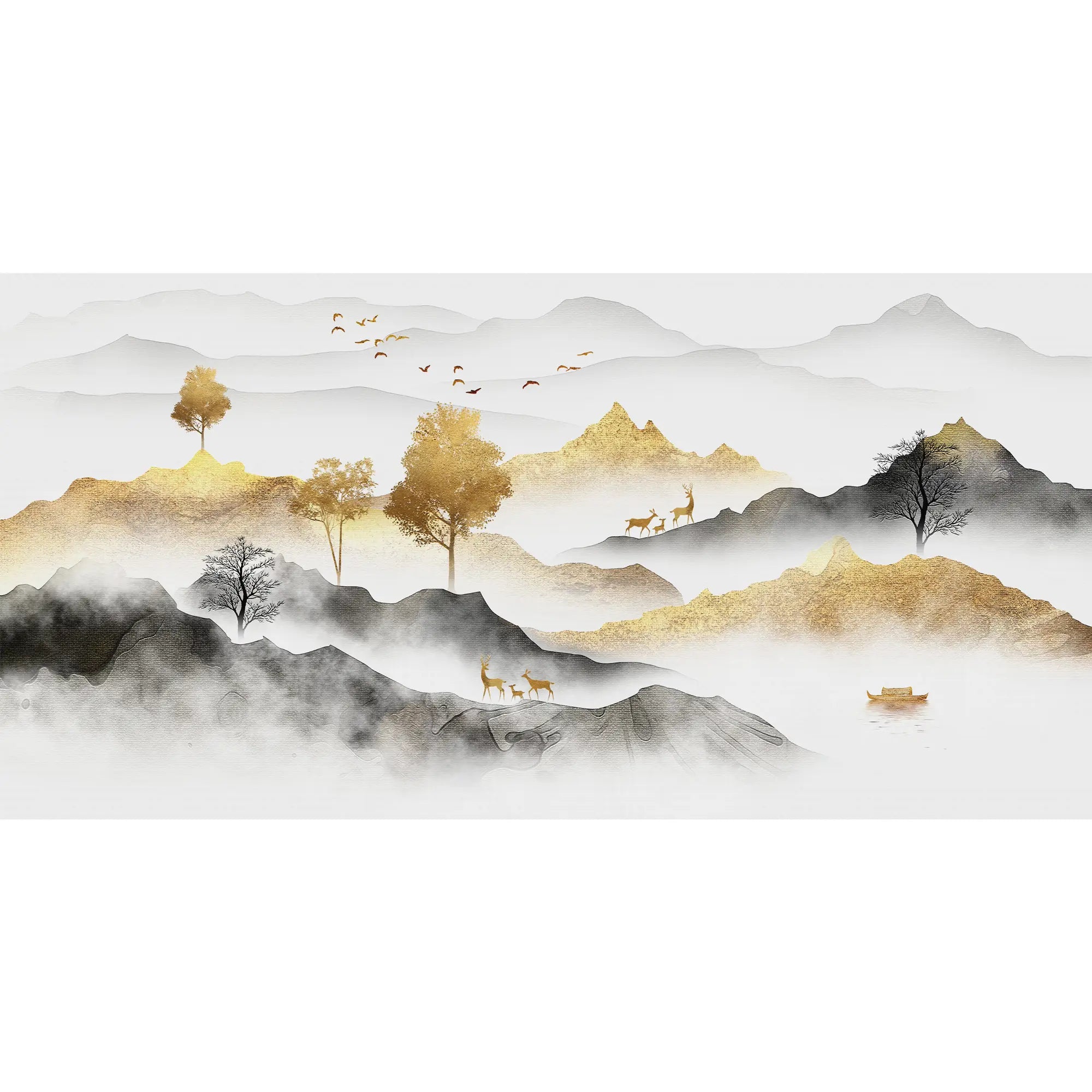 3267 / Oriental Landscape Wallpaper, Tranquil Nature Scene Wall Mural, Serene Mountain and Wildlife Decor - Artevella