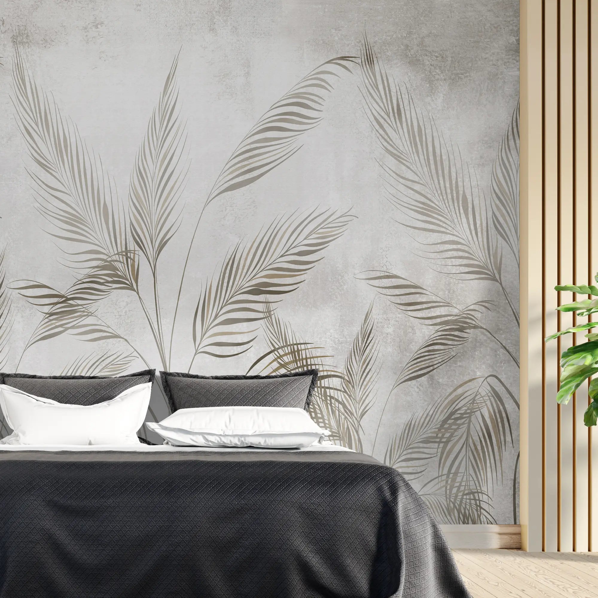 3268 / Elegant Botanical Leaf Wallpaper, Metallic Foil Detailing Wall Mural, Neutral Tones Home Decor - Artevella