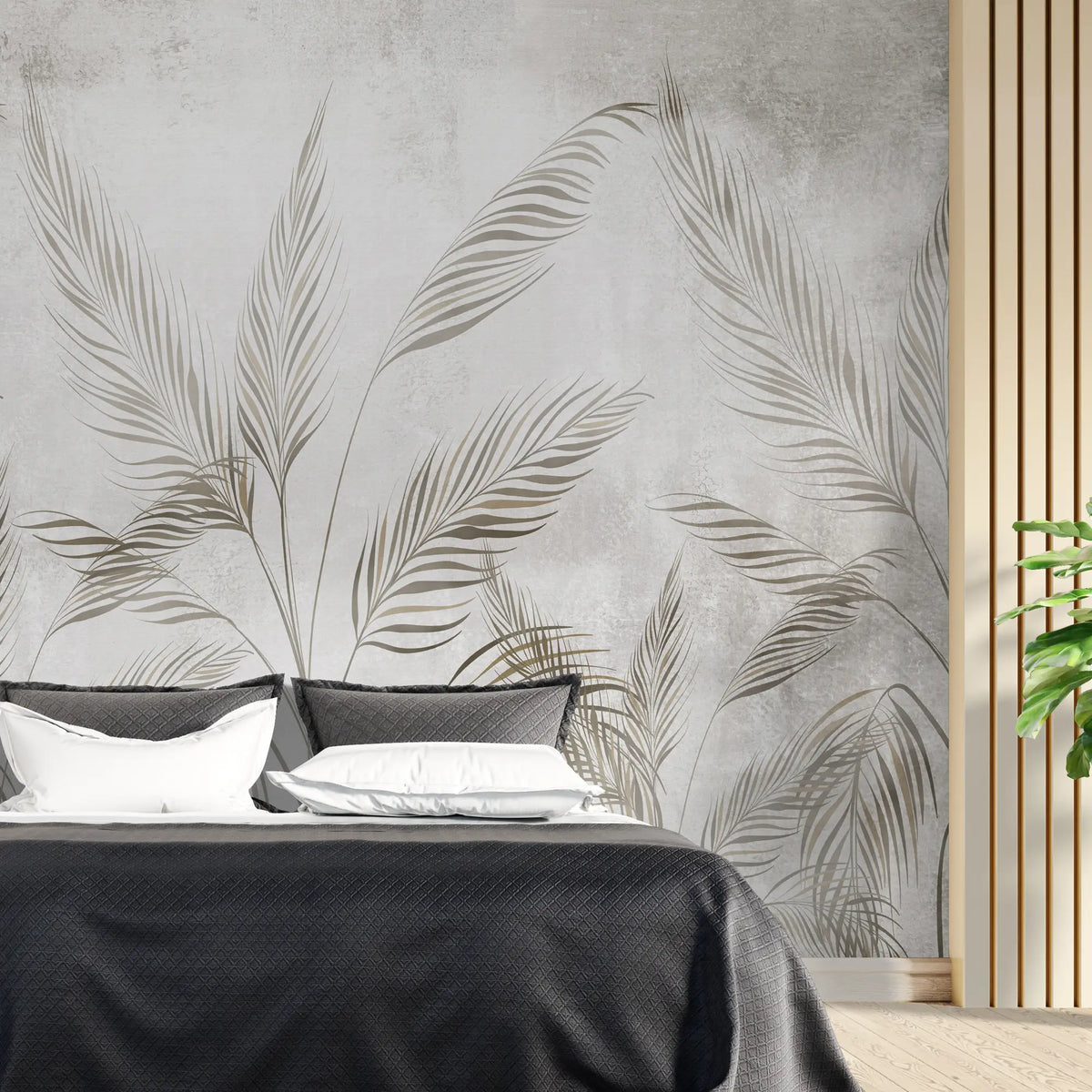 3268 / Elegant Botanical Leaf Wallpaper, Metallic Foil Detailing Wall Mural, Neutral Tones Home Decor - Artevella