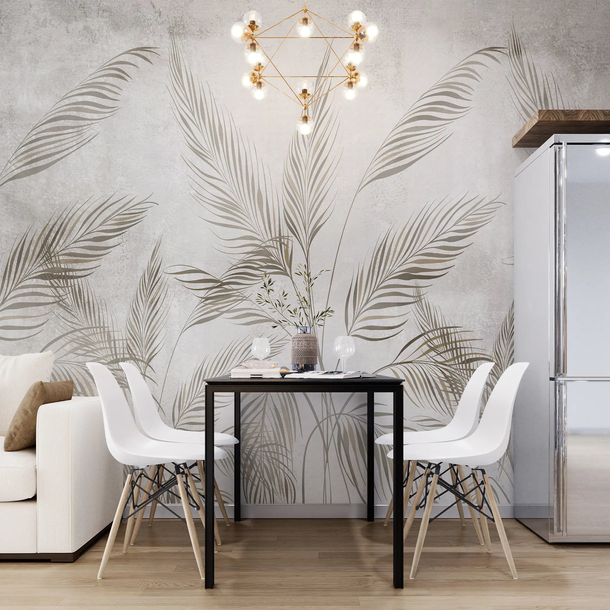 3268 / Elegant Botanical Leaf Wallpaper, Metallic Foil Detailing Wall Mural, Neutral Tones Home Decor - Artevella