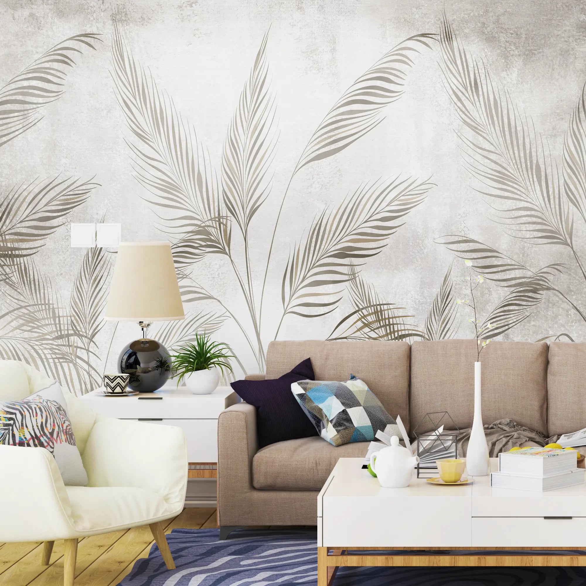 3268 / Elegant Botanical Leaf Wallpaper, Metallic Foil Detailing Wall Mural, Neutral Tones Home Decor - Artevella