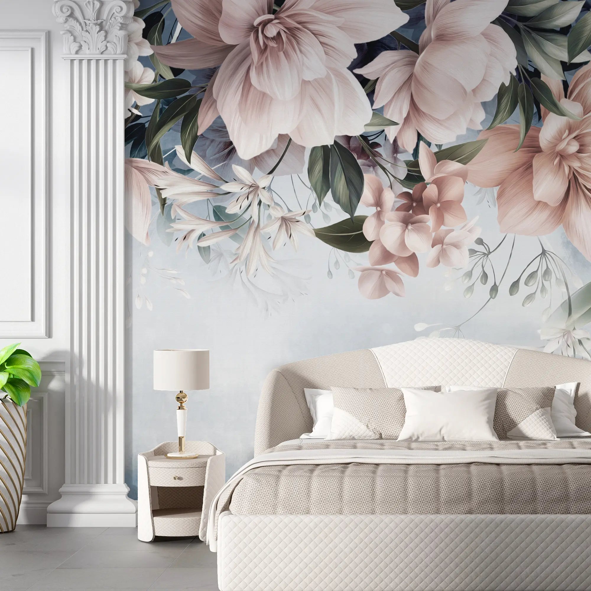 3272 / Pastel Floral Elegance Wallpaper, Tranquil Blue Flower Mural, Soft Petals Wall Art, Sophisticated Botanical Decor - Artevella