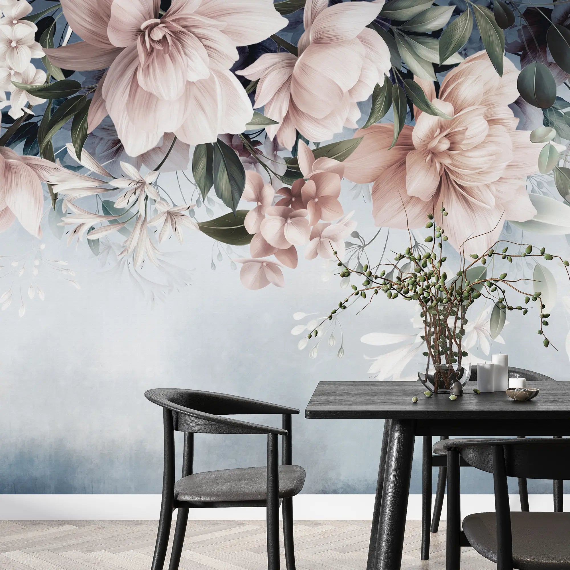 3272 / Pastel Floral Elegance Wallpaper, Tranquil Blue Flower Mural, Soft Petals Wall Art, Sophisticated Botanical Decor - Artevella