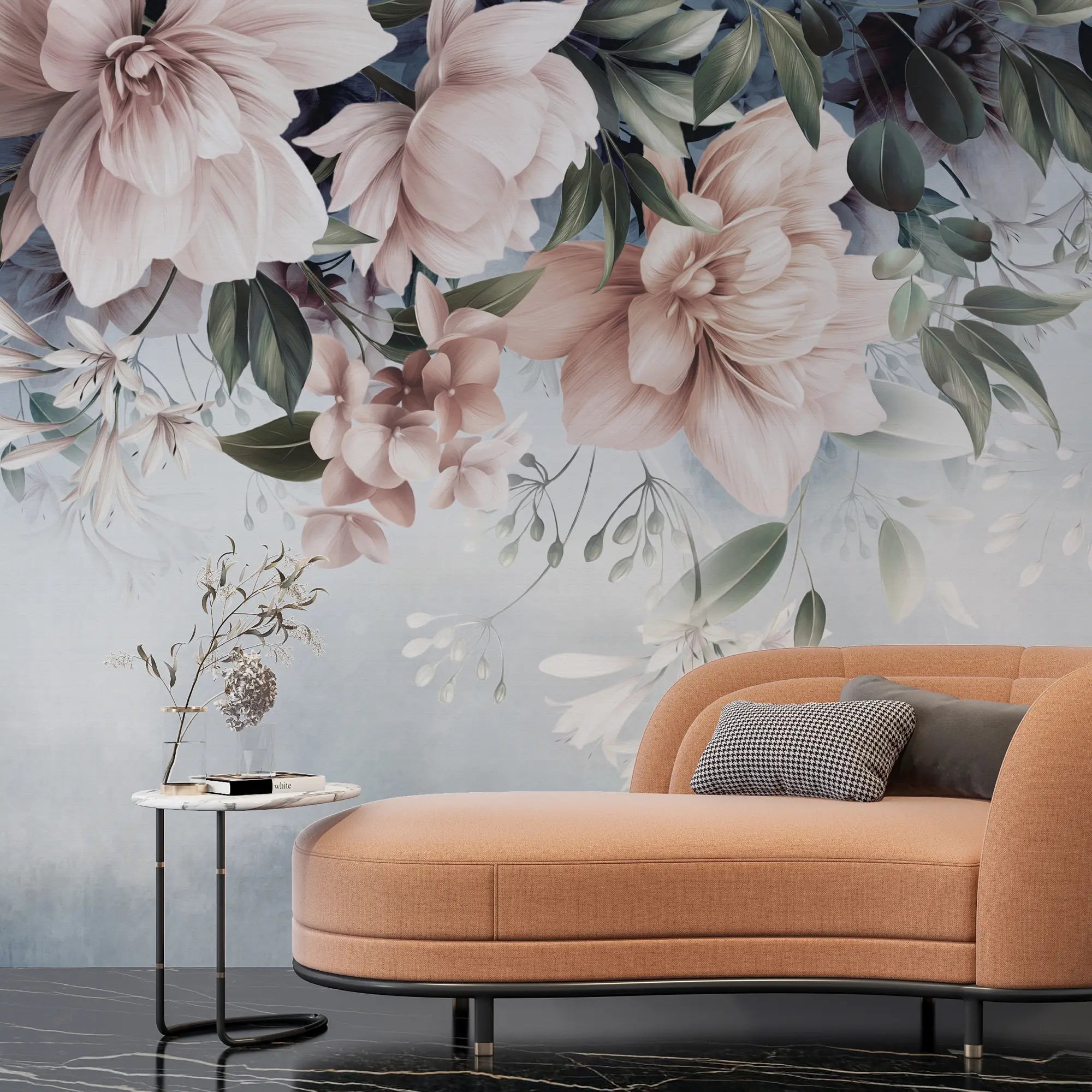 3272 / Pastel Floral Elegance Wallpaper, Tranquil Blue Flower Mural, Soft Petals Wall Art, Sophisticated Botanical Decor - Artevella