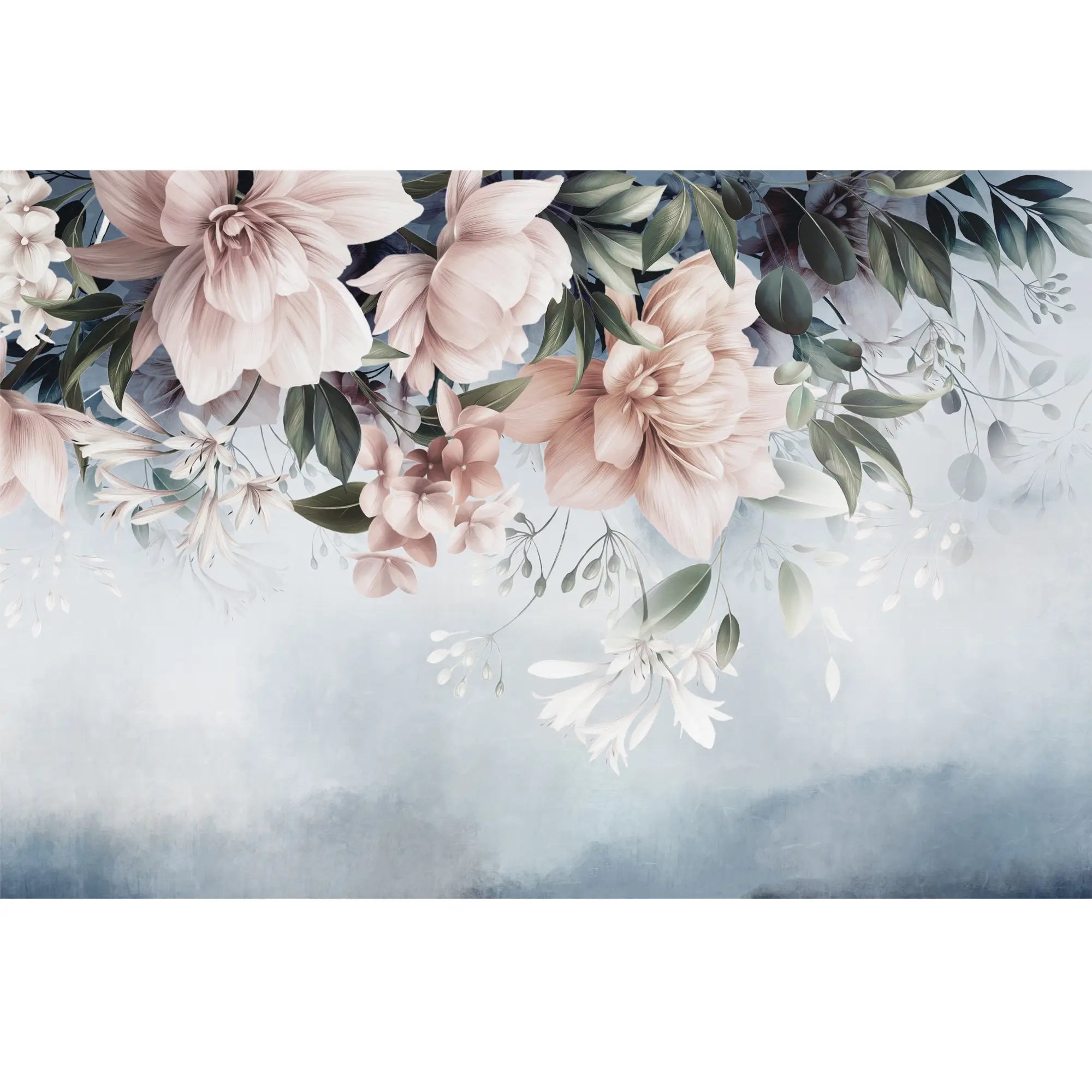 3272 / Pastel Floral Elegance Wallpaper, Tranquil Blue Flower Mural, Soft Petals Wall Art, Sophisticated Botanical Decor - Artevella