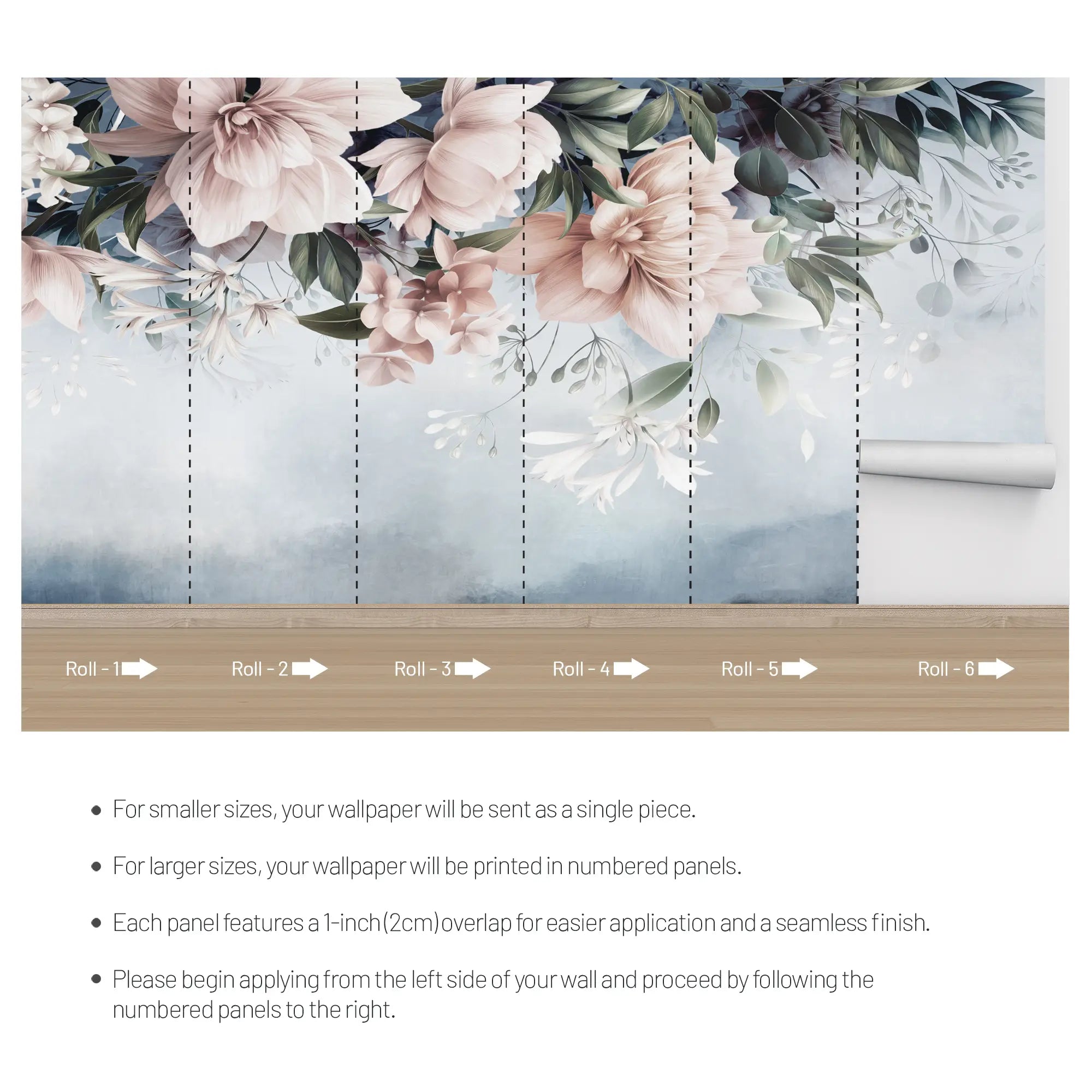 3272 / Pastel Floral Elegance Wallpaper, Tranquil Blue Flower Mural, Soft Petals Wall Art, Sophisticated Botanical Decor - Artevella