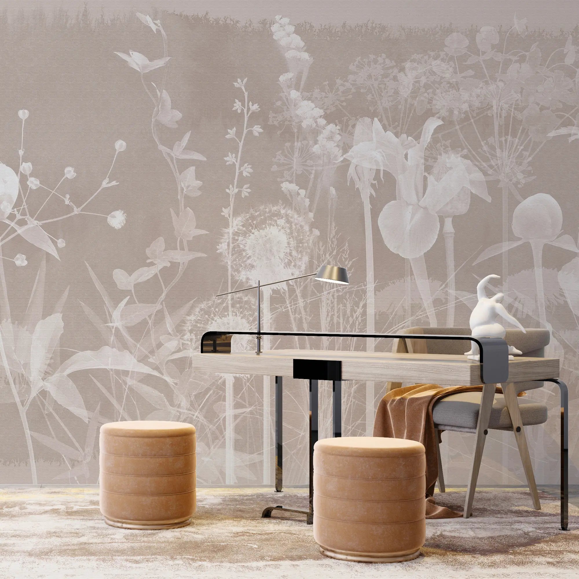 3273 / Sepia Wildflowers Wallpaper, Botanical Sketch Wall Mural, Neutral Floral Wall Art, Pastoral Scene Home Decor - Artevella