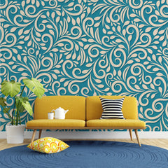 3274 / Vibrant Teal Floral Wallpaper, Ornate Swirl and Leaf Design, Elegant Cream Pattern Wall Art, Dynamic Home Decor - Artevella