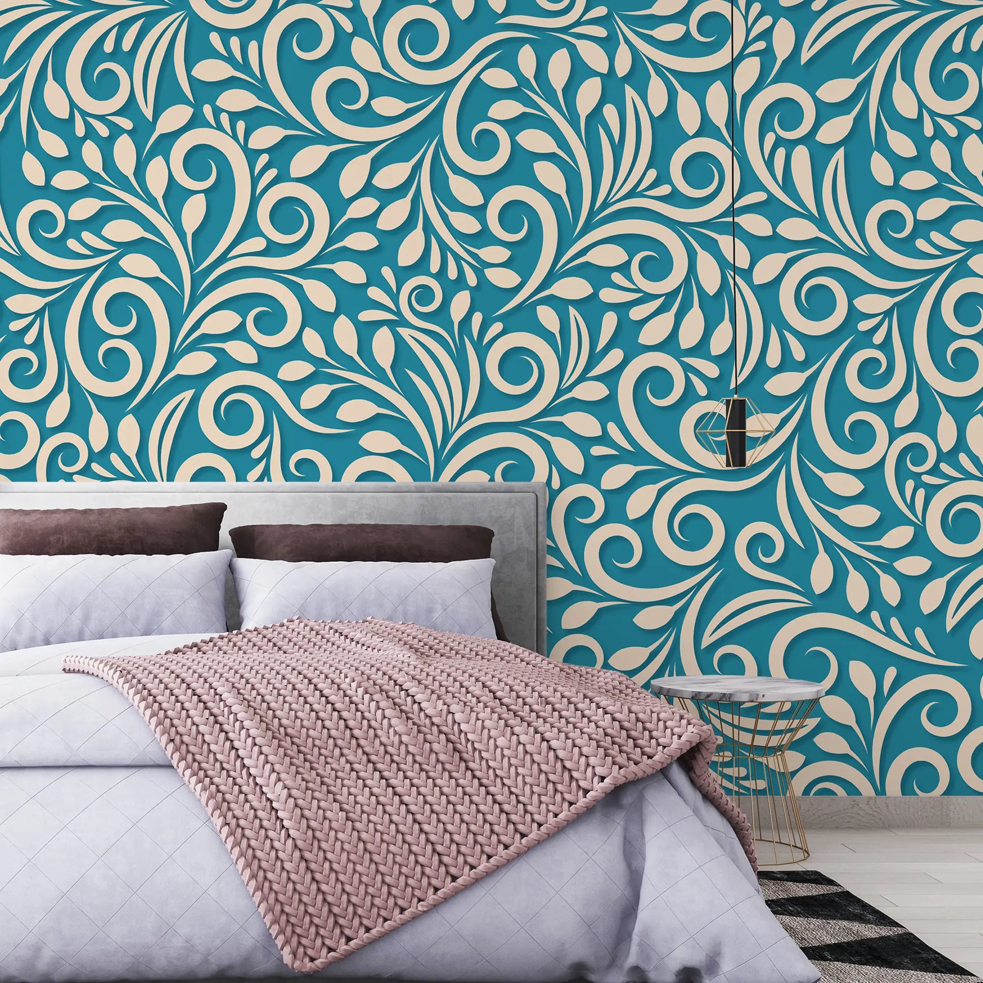 3274 / Vibrant Teal Floral Wallpaper, Ornate Swirl and Leaf Design, Elegant Cream Pattern Wall Art, Dynamic Home Decor - Artevella