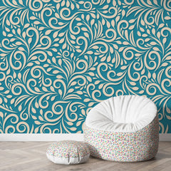 3274 / Vibrant Teal Floral Wallpaper, Ornate Swirl and Leaf Design, Elegant Cream Pattern Wall Art, Dynamic Home Decor - Artevella