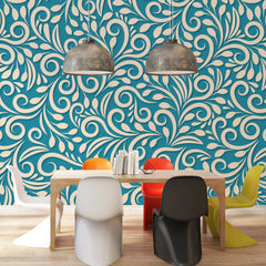 3274 / Vibrant Teal Floral Wallpaper, Ornate Swirl and Leaf Design, Elegant Cream Pattern Wall Art, Dynamic Home Decor - Artevella