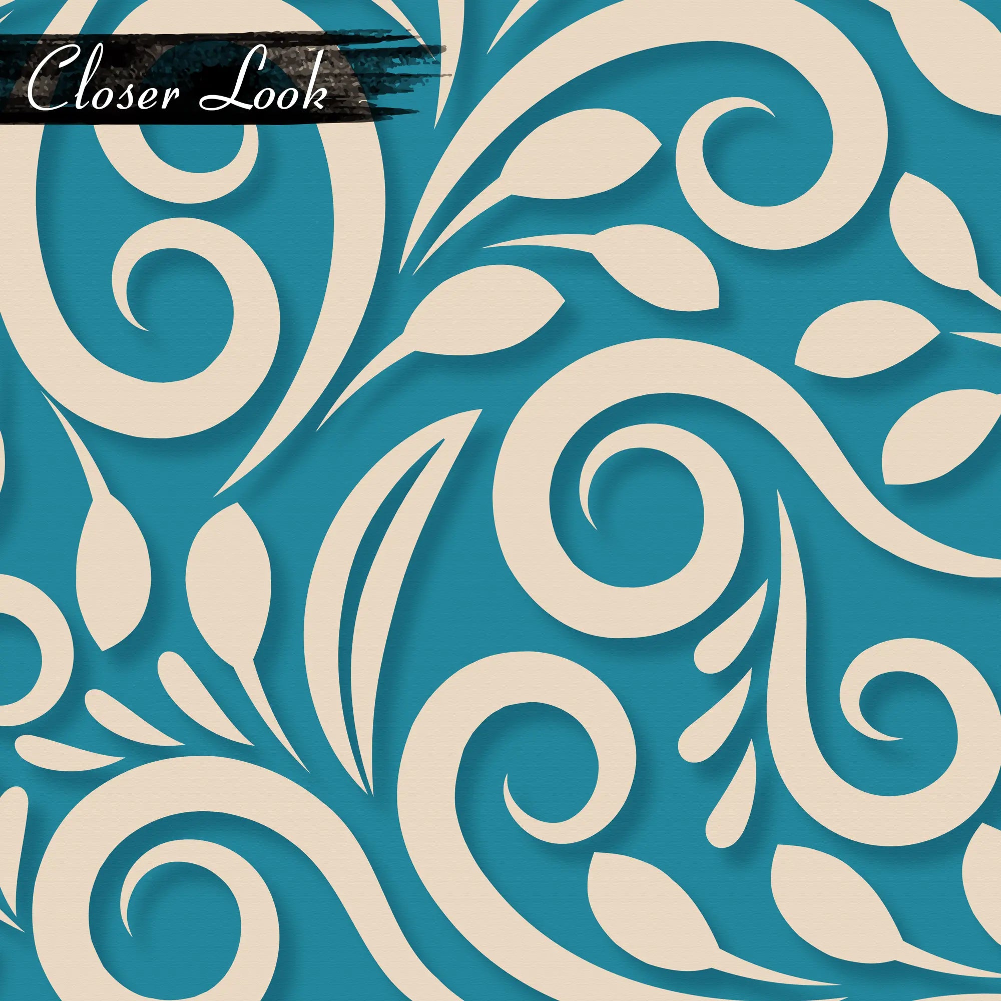 3274 / Vibrant Teal Floral Wallpaper, Ornate Swirl and Leaf Design, Elegant Cream Pattern Wall Art, Dynamic Home Decor - Artevella