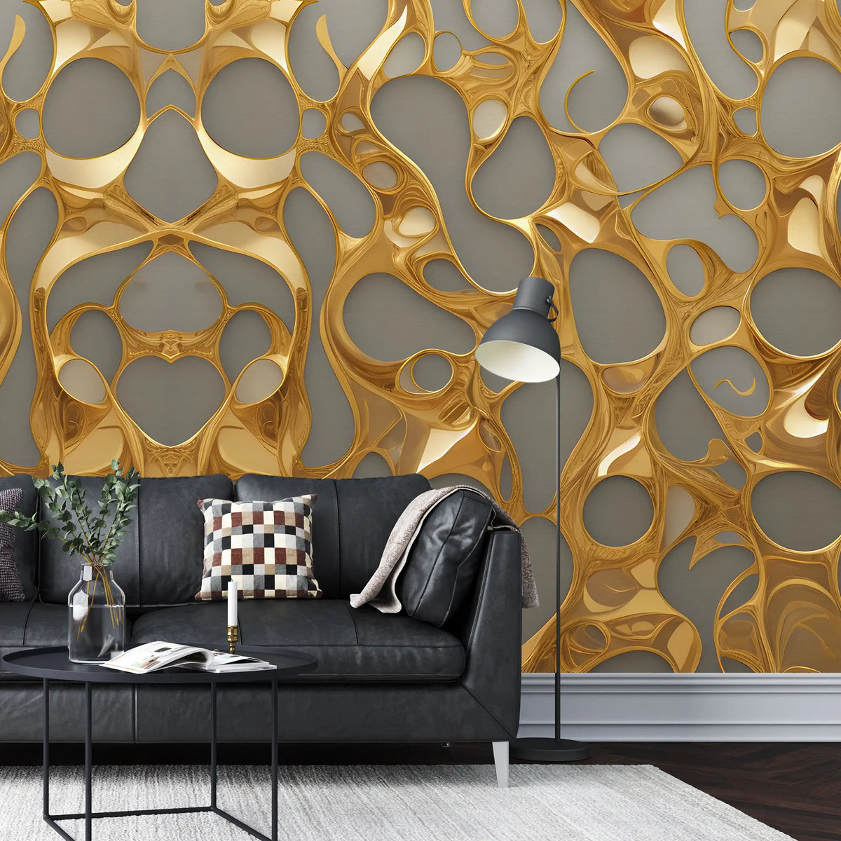 3275 / Luxurious Golden Abstract Wallpaper, Opulent 3D Illusion Wall Mural, Modern Fluid Shapes Design, Rich Metallic Home Decor - Artevella