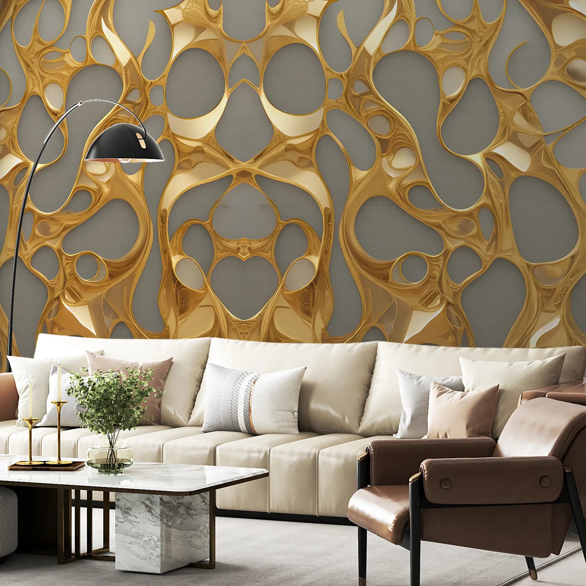 3275 / Luxurious Golden Abstract Wallpaper, Opulent 3D Illusion Wall Mural, Modern Fluid Shapes Design, Rich Metallic Home Decor - Artevella