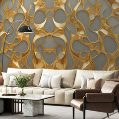 3275 / Luxurious Golden Abstract Wallpaper, Opulent 3D Illusion Wall Mural, Modern Fluid Shapes Design, Rich Metallic Home Decor - Artevella