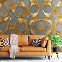 3275 / Luxurious Golden Abstract Wallpaper, Opulent 3D Illusion Wall Mural, Modern Fluid Shapes Design, Rich Metallic Home Decor - Artevella