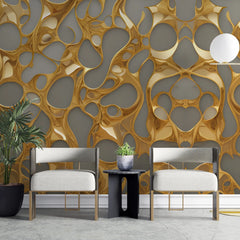 3275 / Luxurious Golden Abstract Wallpaper, Opulent 3D Illusion Wall Mural, Modern Fluid Shapes Design, Rich Metallic Home Decor - Artevella