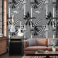 3277 / Elegant Flamingo and Palm Tree Striped Wallpaper - Monochrome Tropical Art for Stylish Home Decor - Artevella