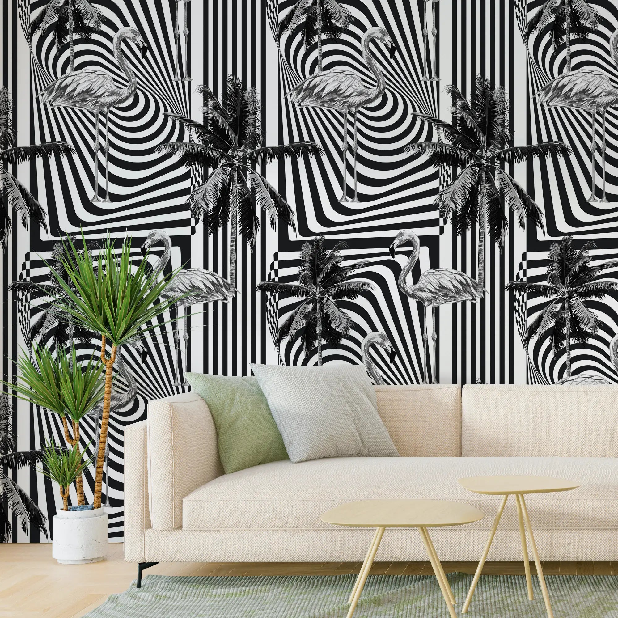 3277 / Elegant Flamingo and Palm Tree Striped Wallpaper - Monochrome Tropical Art for Stylish Home Decor - Artevella