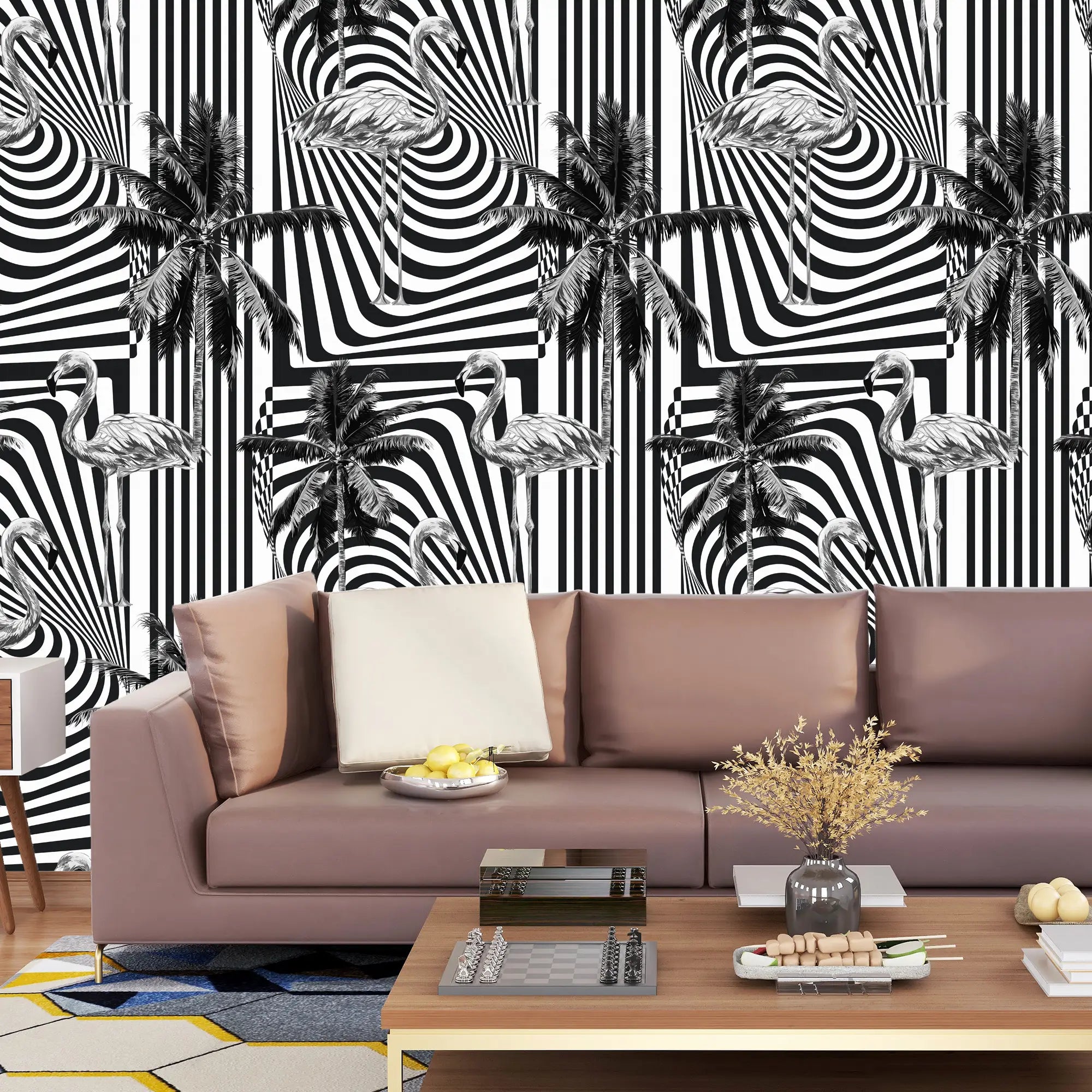 3277 / Elegant Flamingo and Palm Tree Striped Wallpaper - Monochrome Tropical Art for Stylish Home Decor - Artevella