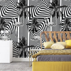 3277 / Elegant Flamingo and Palm Tree Striped Wallpaper - Monochrome Tropical Art for Stylish Home Decor - Artevella