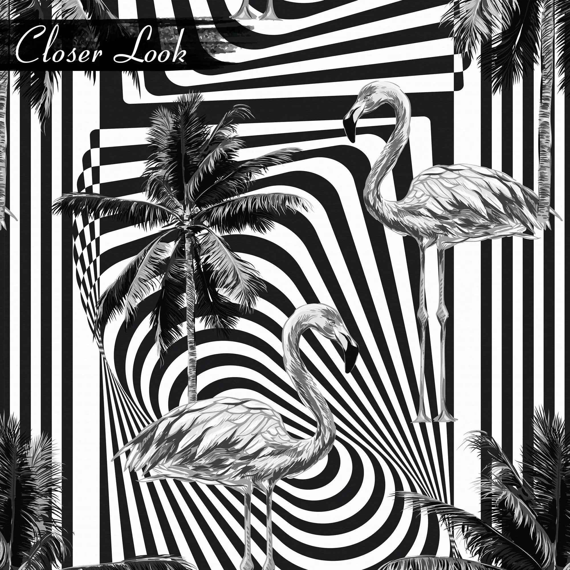 3277 / Elegant Flamingo and Palm Tree Striped Wallpaper - Monochrome Tropical Art for Stylish Home Decor - Artevella