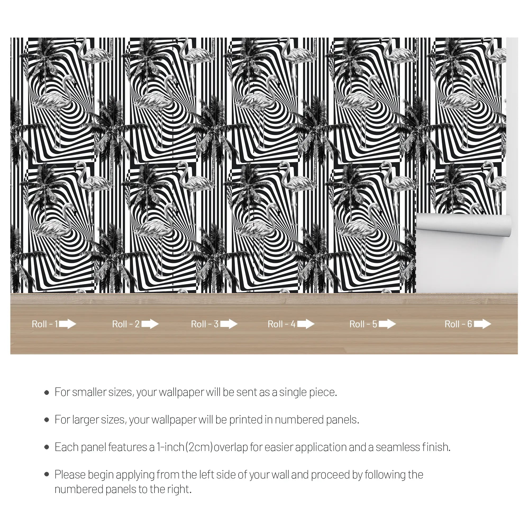 3277 / Elegant Flamingo and Palm Tree Striped Wallpaper - Monochrome Tropical Art for Stylish Home Decor - Artevella