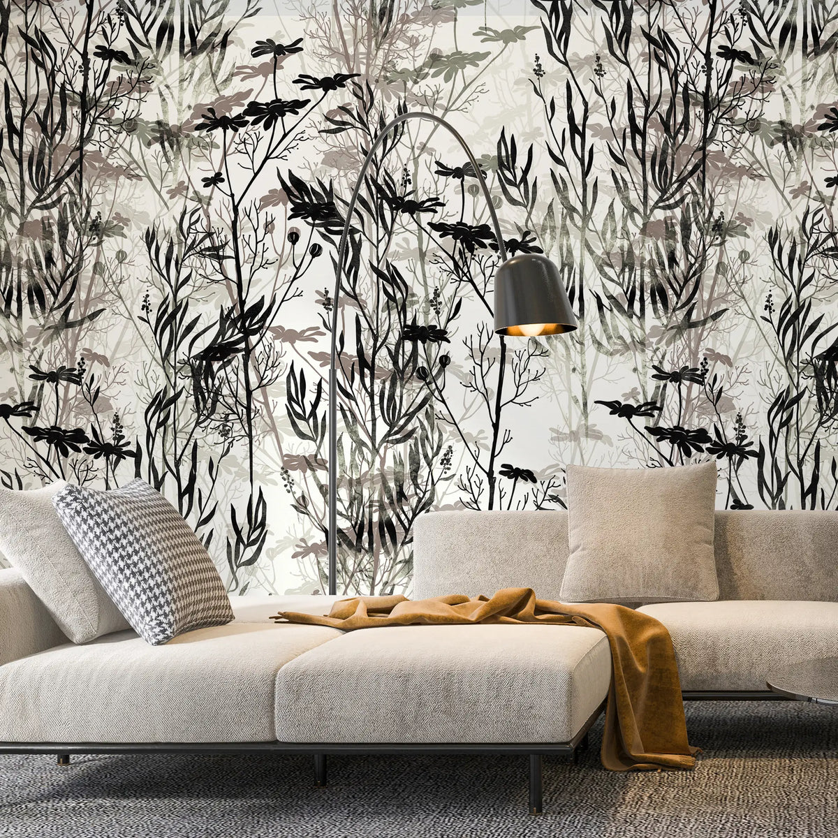 3278 / Botanical Bird Silhouette Wallpaper, Nature-Inspired Wall Art, Monochrome Forest Scene, Bird Watcher Decor - Artevella