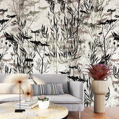 3278 / Botanical Bird Silhouette Wallpaper, Nature-Inspired Wall Art, Monochrome Forest Scene, Bird Watcher Decor - Artevella