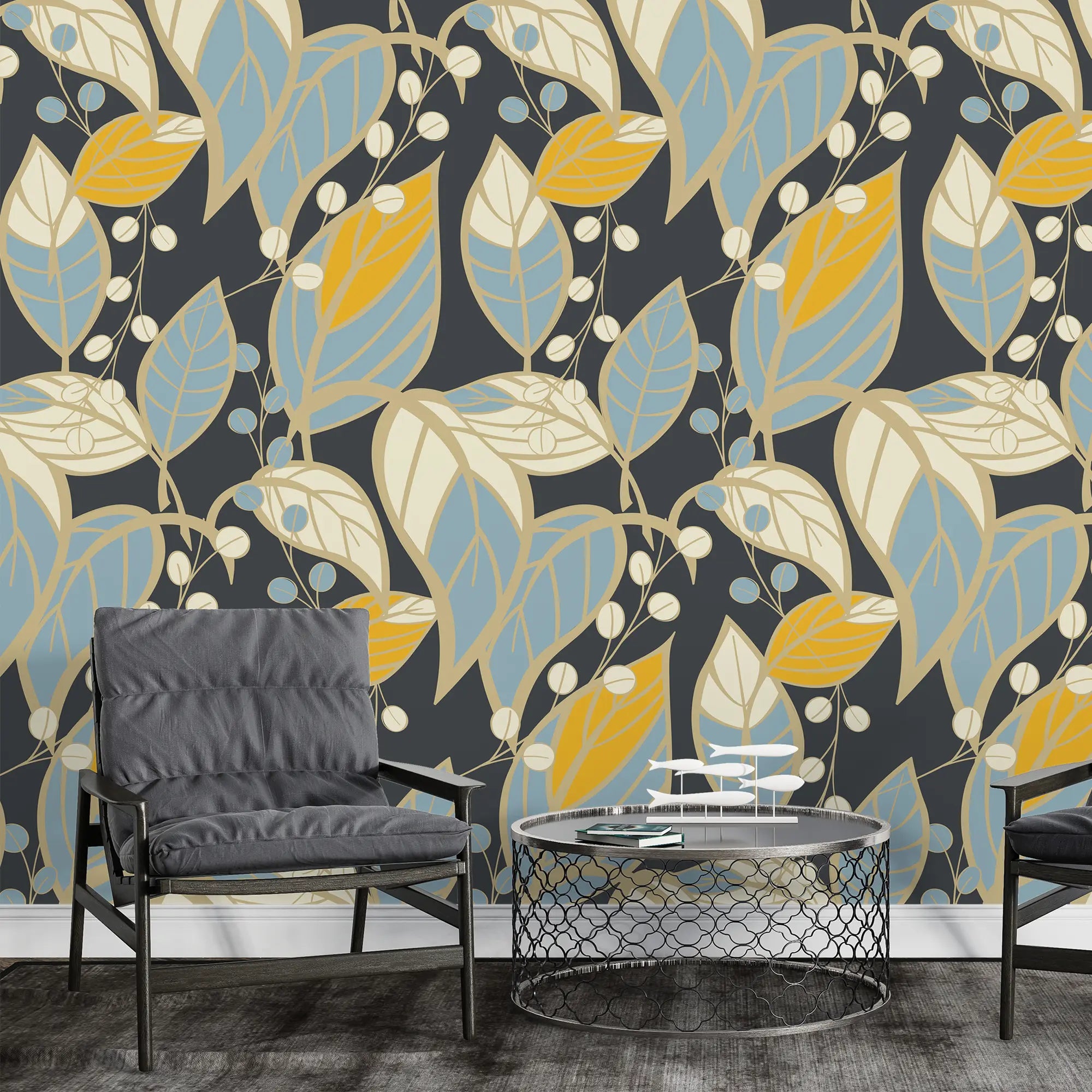 3280 / Elegant Autumn Leaf and Berries Wallpaper - Nature-Inspired Botanical Design for Cozy Home Interiors - Artevella